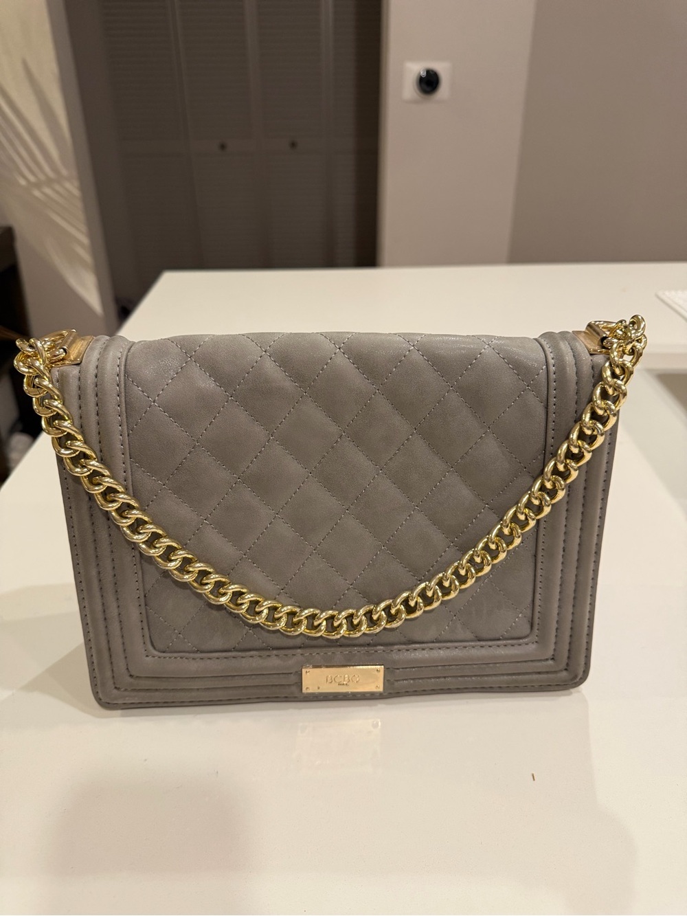 BCBG Quilted Gray Shoulder Bag with Gold Chain